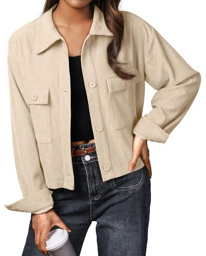 IWOLLENCE Cordjacke Damen Hemdjacke Cordhemd Kurzjacke Langarm Revers Button-Down Shacket Mantel (Aprikose, L)