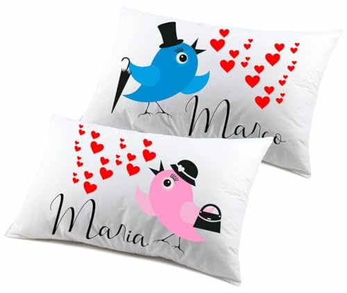 Coppia Federe Cuscini - PERSONALIZZABILI con nome SanValentino Matrimoniali Uccellini Cartoon - Made in italy Cotone 100% (Bianco)