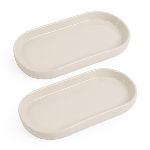 Autumnlife Badezimmer Tablett Keramik, 2 Stück Oval Ablageschale Deko Kosmetik Kleines Tablett für Toilette und Waschtisch Badewanne Küchenspüle - Cremeweiß