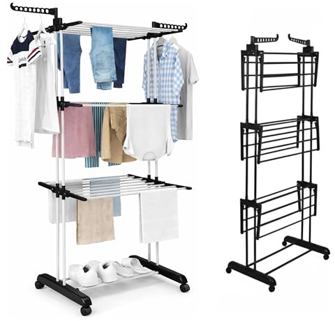 H-LINE Airer Clothes Drying Rack, 4-Tier Foldable Clothes Hanger Adjustable Large Stainless Steel Garment Laundry Racks for Indoor Outdoor with Foldable Wings