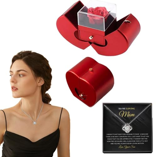 Boîte de roses éternelles avec collier,Rose avec collier | Rose artificielle pour toujours,Rose éternelle préservée rouge avec bijoux, boîte de roses éternelles pour anniversaire, saint-valentin