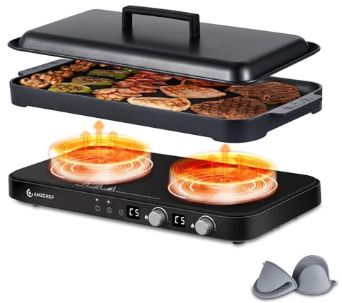AMZCHEF Double Induction Cooktop with Removable Griddle Pan Non-stick, 1800W 2 burner Portable Induction Stove With Sensor Touch 9 Power Levels, 99 Min Timer, Black