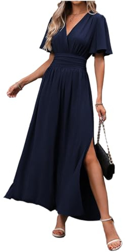 LUVCES Vestito Donna Elegante da Sera Scollo a V Tinta Unita a Pieghe Abito Lungo Casual Manica a Farfalla Spacchi Cerimonia Abiti Maxi Estivo Vestito Blu Navy XL