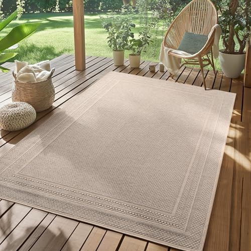 SIMPEX Outdoor Teppich Wetterfest Beige 120x170 cm, UV-beständig, ideal für Küche, Balkon, Terrasse, Garten Wohnzimmer Esszimmer, Einfarbiges Design mit Bordüre, Pfelgeleicht