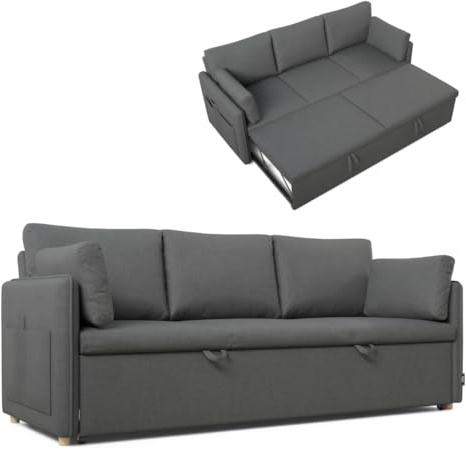 Nalui- Sofa Cama 3 plazas 3 en 1 Nest 3 211x86x88cm con 2 Almohadas. Sofa 3 Plazas Convertible en Cama con Somier de 128x190cm. Soporta hasta 360Kg. Gris Oscuro
