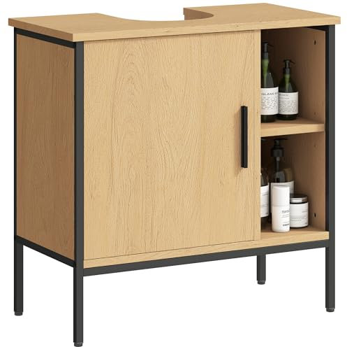 HOMCOM Mueble bajo Lavabo Mueble de Baño con Puerta y Estante Ajustable para Lavabo con Pedestal 60x30x59,5 cm Roble
