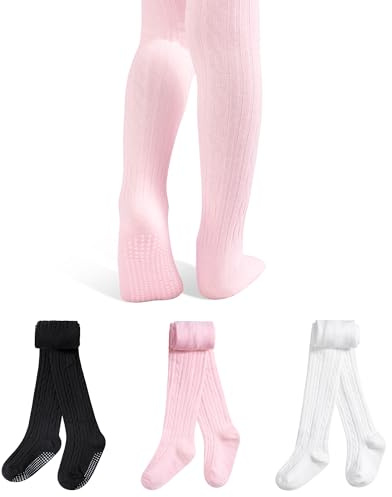 GENTABY Lot de 3 collants antidérapants pour enfant - Mélange de coton pour fille de 6 mois à 6 ans