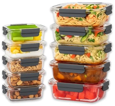 Straame Glass Meal Prep Containers with Airtight Lids – 10-Pack (5×1050ml + 5×370ml) – Reusable Glass Food Storage Containers – Leakproof, Freezer, Oven, Microwave & Dishwasher Safe (Rectangular)