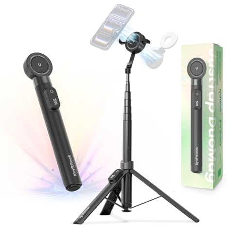 KraftGeek 170cm Palo Selfie Magnético de Doble Cara Compatible con MagSafe, Trípode para Movil con Apertura Automática para iPhone, Selfie Stick con Abrazadera Oculta para Samsung/Android, Negro
