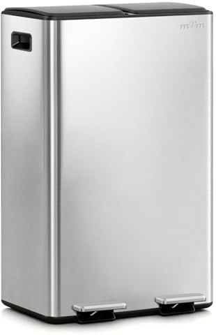 mVm Mülleimer Küche,60 Liter Treteimer,2 x 30 Liter Treteimer, 2 Fächer, Mülltrennsystem, Abfalleimer Küche mit Inneneimer aus Kunststoff,Metall,Klappdeckel, Softclose, Luftdicht