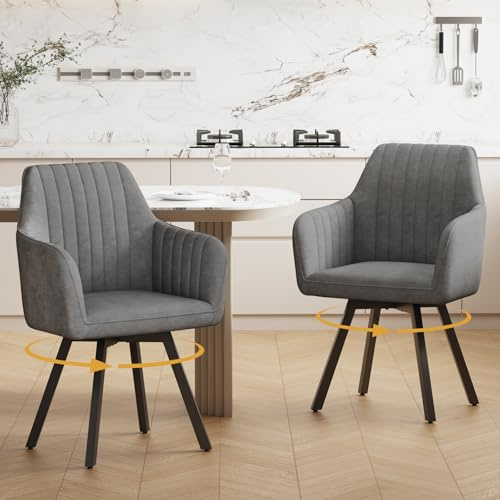 Ckaff Lot de 2 Chaise Pivotante Salle à Manger, Chaise de Cuisine Rembourrée Pivotante à 360° avec Accoudoirs, Chaises Salle à Manger en Velours pour Chambre à Coucher Cuisine Salon, Gris foncé