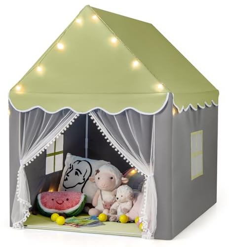 COSTWAY Carpa para Niños con Colchoneta Lavable, Luces con Forma de Estrella, Ventanas, Cremalleras Inferiores, Carpa Castillo de Hadas para Interior y Exterior para Niños y Niñas