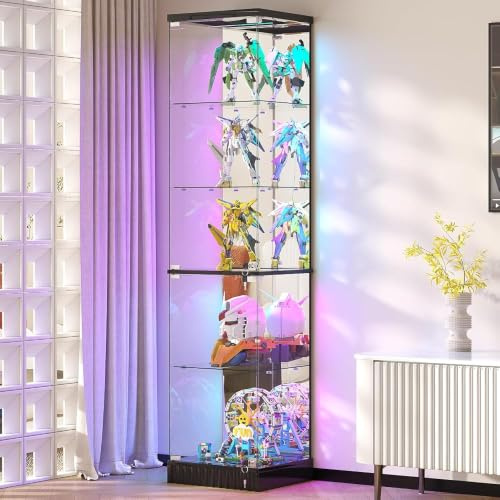 Gurexl 5 Tier RGB Glass Display Cabinet with Lockable for Bedroom,Black | 67″ Modern Curio Cabinet with Dynamic lighting,Storage Bookcase Cabinet with Glass Door for Study,Living Room,Bedroom