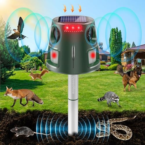 Repellente per Gatti, 360° Repellente per Animali ad Energia Solare con Sensore di Movimento e Luce Lampeggiante, 5 Modalità Ultrasuoni Repellente per Topi Uccello Puzzola Scoiattolo Procione Coniglio