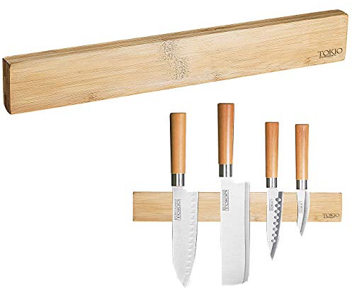 TokioKitchenWare Messerleiste: Originelle Messer-Magnetleiste aus echtem Bambus-Holz (Magnetleiste Messer selbstklebend, Magnetschienen, Schere)