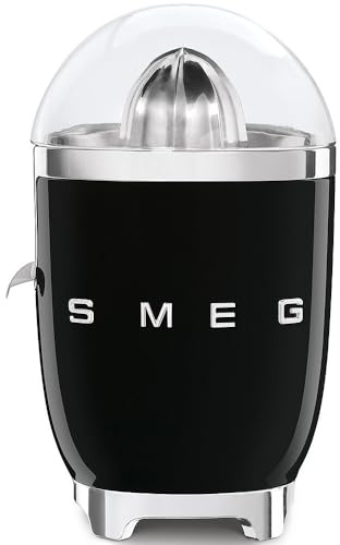 Smeg, Elektrische Zitruspresse CJF01BLEU, manuelle Druckpresse, tropfsicherer Auslauf und Universalkegel, rutschfeste Basis, integrierte Kabeltrommel, 70 W, Schwarz