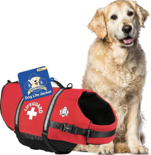 Paws Aboard Dog Life Jacket - Swimming Vest for Dogs, Adjustable, Reflective, Comfortable, Multiple Colors, Patterns, XX-Small to Extra Large Dog Swim Vest with Handle (Red, Large)