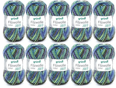 Gründl Wolle Filzwolle color - Dicke Wolle zum Filzen in der Waschmaschine - Strickgarn zum Filzen - Weich und hautfreundlich - 100 % Schurwolle - 10 Knäuel 50 g /50 m -Nadelstärke 8-9 - grün-blau