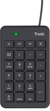 Trust Xalas USB Numpad für Laptop und Desktop PC, Flacher Ziffernblock mit 5 Zusätzliche Tasten, Mini Tastatur mit Kabel 1,5 m, Keypad Gewinkeltes Design, Nummernblock Zehnertastatur, Schwarz