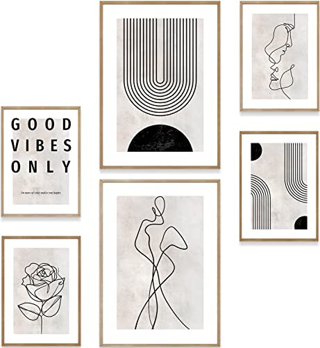 MUUDLY® Poster Set Line Art – 6 moderne Wandbilder in Beige & Schwarz (2×A3, 4×A4) – Abstrakte Bilder für Wohnzimmer, Schlafzimmer, Büro, Flur – Stilvolle Wanddeko ohne Rahmen