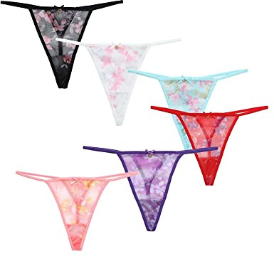 TTPSRY Perizoma per Donna Pacco da 6 G-String Perizoma Tulle Sexy T Back Vita Bassa Cotone Dimensione Grande Perizoma Mutandine Bikini Elasticizzato Traspirante Slip Lingerie Mutande Trasparente (S)