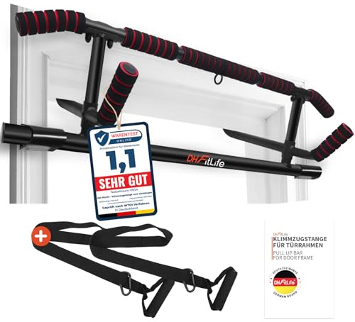 DH FitLife Barra per Trazioni da Porta in acciaio a impugnature multiple | Sbarra Trazioni senza Viti, montaggio facile e veloce | Pull Up Bar Pieghevole con elastici per trazioni alla sbarra inclusi