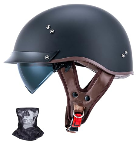 JQF Gear Retro Motorcycle Helmets for Men Women Open Face Helmets Sun Visor Quick Release Buckle MM107 DOT Approved Half Face Crusier Helmet (Matte Black, M)