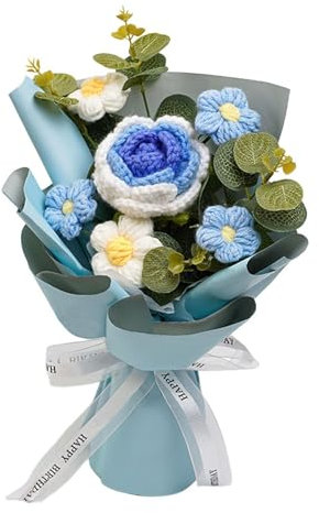 Generic Fiore Lavorato a Maglia Bouquet di Fiori All'uncinetto Fiore Conservato, Regalo di per Il Compleanno Del Giorno Del, Blu