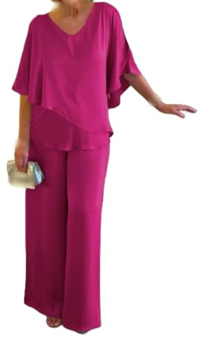 FANOIES Traje tipo túnica gris de doble capa para mujer, 2 piezas, talla grande, vestidos de madre de la novia, trajes de pantalón, Rosa Roja, XXL