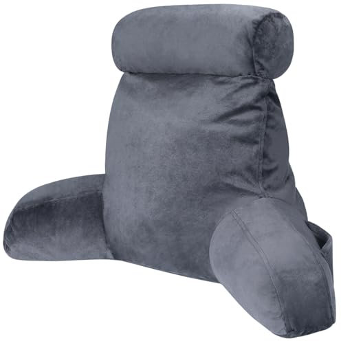 Reading Pillow Bed Backrest Pillow, 18 Adult Bed Cushions with Arms for Sitting up in Bed Back Support Pillow with Headrest & Pockets, Removable Washable Cover and Detachable Neck Roll, Grey