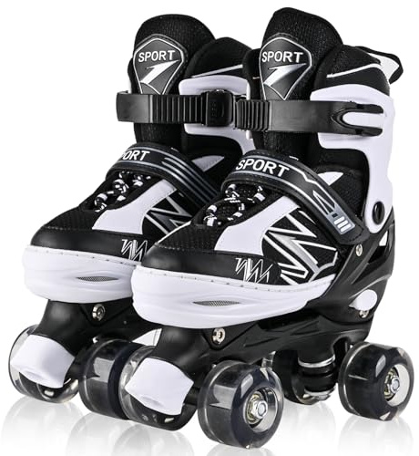 LOKJIJI Patins à roulettes pour Enfants garçons et Filles, 4 Tailles réglables pour Enfants et Adolescents avec Roues Lumineuses, Noir et Blanc Patins à roulettes Quad pour Le Sport(Large_36-40 EU)