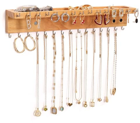PHOENANCEE Oak Jewellery Organiser Stand, Display Holder Wall Mounted Hanging for Necklace, Earring, Bracelet, Large Capacity, 30 Hooks(Nature Wood)