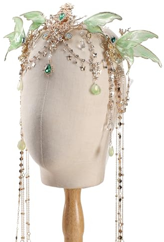 FRESHME Renfaire Butterfly Fairy Elf Crown - Elf Headpiece with Green Butterfly Wings Elven Tiara with Tassel Elven Headband Wedding Renaissance Cosplay Halloween Fantasy Accessories for Women Adult