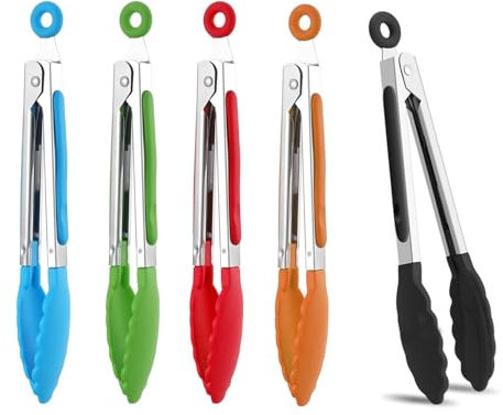 5Pcs Kitchen Tongs, 8.4” Non-Slip Stainless Steel Serving Tongs with Locking Clip, Heat Resistant and Ergonomic Handle for Cooking, Serving, Salad, and Hot Food, Durable and Easy to Clean (Multicolor)