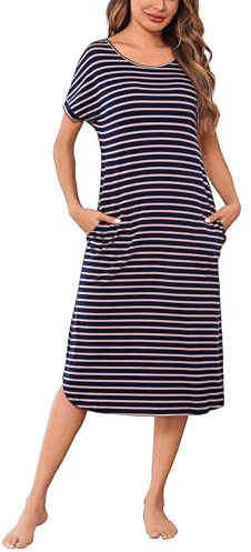 Litherday Camisón Mujer Verano Largo Rayas Manga Corta Bolsillos para Casa | Algodón elástico suave, manga corta a rayas, corte largo con bolsillos, fácil lavado, para dormir, casa, verano y relax