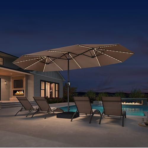 PURPLE LEAF Doppelsonnenschirm mit LED 455 x 270 cm, Sonnenschirm XXL, Oval Gartenschirm, Terrassenschirm mit Kurbel, UV Schutz, für Terrasse, Balkon, Café, Taupe