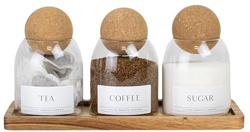 Little Crafts London Tea Coffee Sugar Canisters Set of 3 Cork Ball Glass Jars 500 ML with Acacia Rectangle Tray