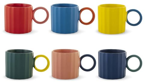 H&H – Set de 6 Tasses de Petit-Déjeuner Delight – 420 ml – New Bone China – Couleurs Assorties – Anse Ronde Contrastée