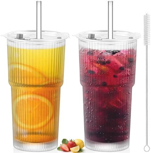 2 Pezzi 600ml Bicchieri Vetro con Coperchio e Cannuccia, Acqua Coste Ermetico Trasparente, Tazza Vetro Design Prova Perdite, Bicchiere Righe per Soda, Cocktail, Latte, Caffè, Birra, Tè,Smoothie,Matcha