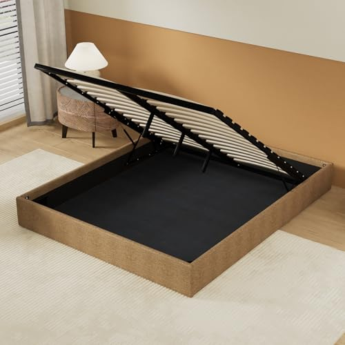 NOVEMBER Lit Coffre, Sommier à Lattes en Bois Flexible, Cadre en Tissu Brun, lit Stable et Solide. Grand Espace de Rangement en Dessous. (Brun, 120 x 190 cm)