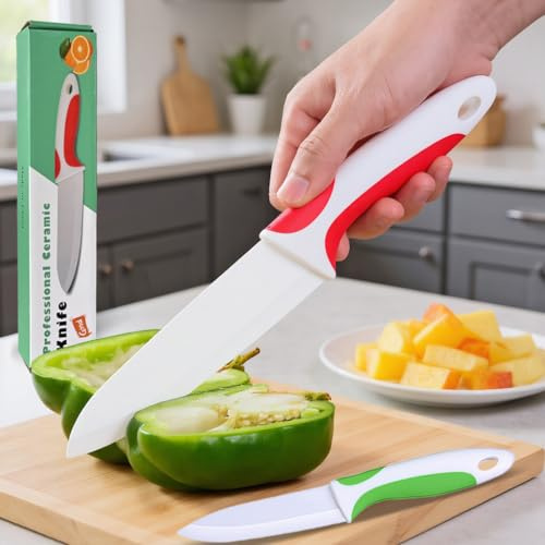 Zhiyun 2 PCS Professional Ceramic Set 6” and 4”,Kitchen Knife with Sheaths,Zirconia Blade with Ergonomic Handle,Use for Meat Fruit Vegetable Bread and Butter (Green and Red)