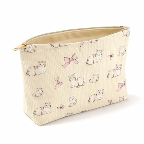 Cat Print Make Up Bag, Cream Ribbed Cosmetic Pouch with Zip, 1-Piece | Flat Base For Upright Placement, Full-Width Top Opening, For Home Storage, Handbags, Luggage And Travel Toiletries