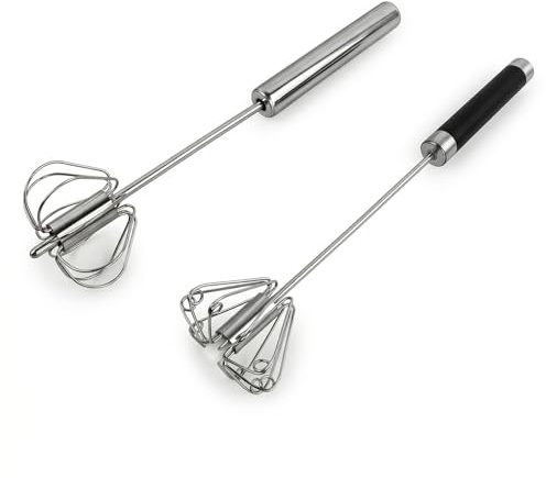 Ziyonix 2 Piezas Batidor SemiautomáTico De Acero Inoxidable, Batidor de Huevos Semiautomático Rotatorio Manual de Acero Inoxidable Multifunción Tipo Empujón para Mezclar Batir Espumar y Agitar