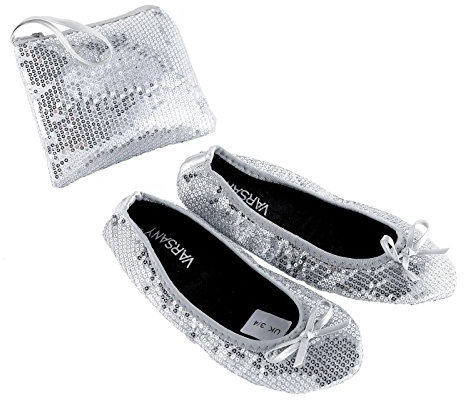 Sequin Silver UK7/8 Roll Up Satin Shoes Foldable Pumps Flats Ballet Dance Ladies After Party Shoes with Foldable Bag