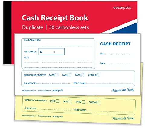 Ocean Pads Duplicate Cash Receipt Book DL Size (210 x 99mm) – 2-Part Carbonless NCR, 50 Sets, White & Yellow, Business Receipt Book (69844)