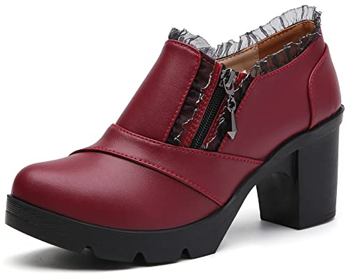 DADAWEN Women's Casual Zipper Lace Platform Mid-Heel Square Toe Oxfords Dress Shoes Wine Red US Size 7
