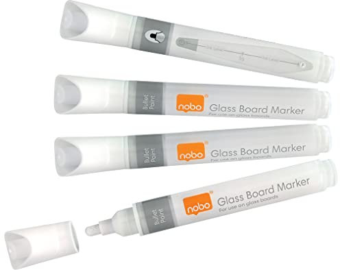 Nobo Liquid Ink Glass Whiteboard Pens, 3mm Bullet Tip, 4 Pack, Dry Erase Markers, White, 1905323