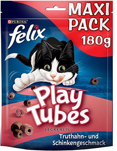 Felix Play Tubes Katzensnack, Leckerli zum Spielen, mit Truthahn- und Schinkengeschmack, 5er Pack (5 x 180g)