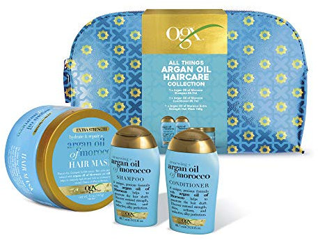 OGX Geschenkset Argan Oil of Morroco Haarpflege Geschenkset mit Shampoo, Conditioner, Maske und Kosmetiktasche