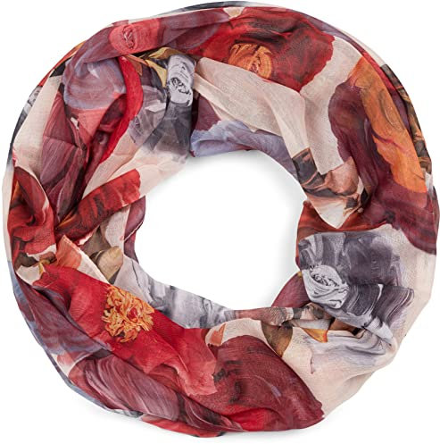 styleBREAKER Damen Loop Schal mit buntem Blumen Muster, leichter sommerlicher Schlauchschal mehrfarbig 01016217, Farbe:Beige-Braun-Grau